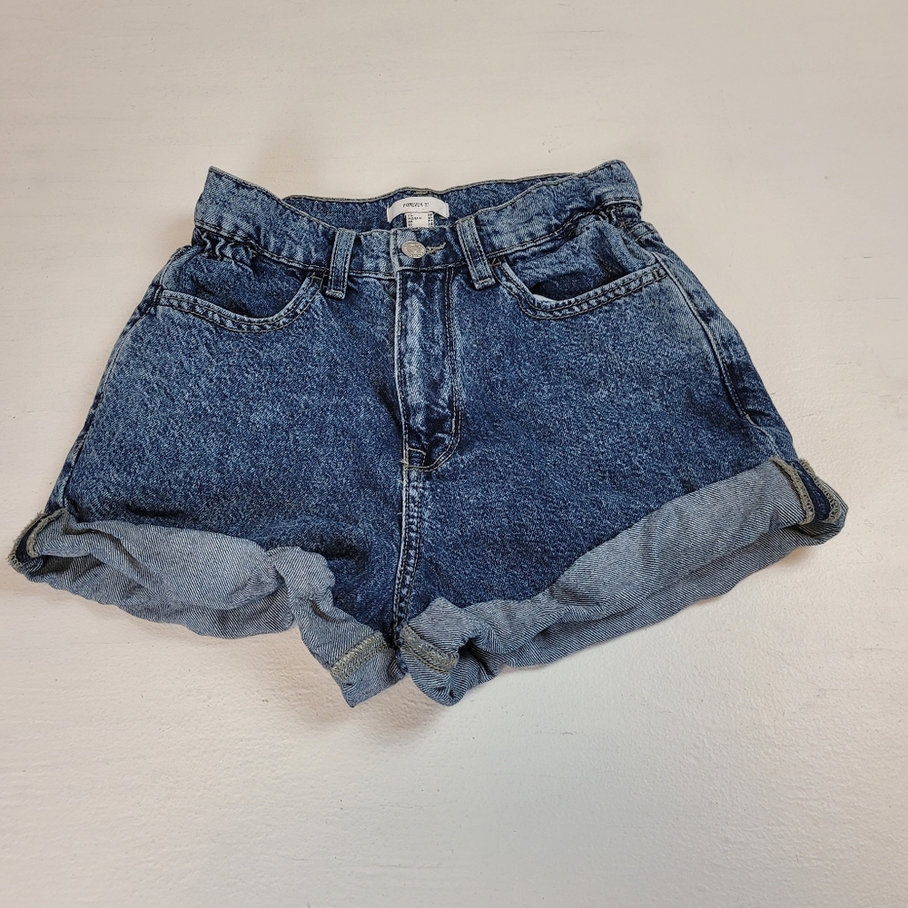 Forever 21 Acid Wash Blue High-Rise Roll Cuff Denim Shorts